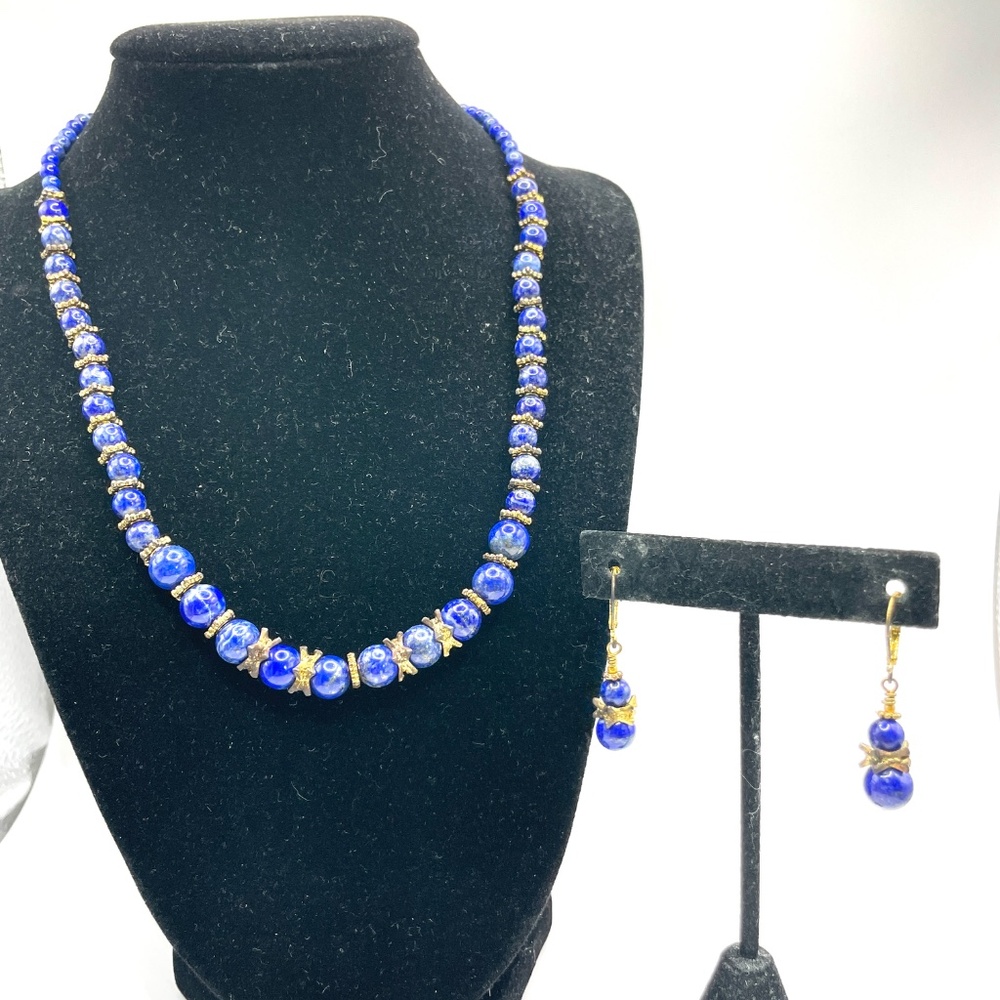 Stauer Signed Lapis Lazuli Gemstone Bead Necklace Earring Set w Box